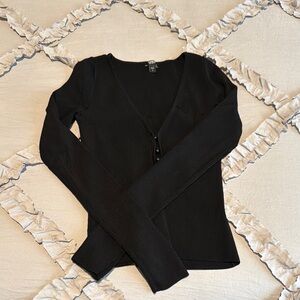 Express Body Contour Black V-Neck Button-Up Women's Top